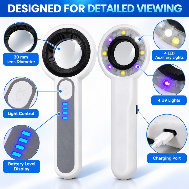 60X Handheld Magnifying Glass for Close-Up Inspection – Rechargeable LED