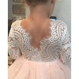 Topmaker Backless A-line Lace Back Flower Girl Dress (4T, Sleeve-Pink)