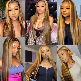 Dokksiiia P4/27 Honey Blonde Ombre Straight Bundles Human Hair #4 & #27 Piano Color Mix, Highlight Chocolate Brown & Honey Blonde Bundles, Brazilian Weave Hair Extensions 10 12 14 Inch