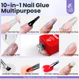 Lavender Violets 2Pcs 15ml Gel Nail Glue for Acrylic Nails Tips, 10 in 1 Nail Glue for False Nail Tips Base Building Rhinestone Blooming Art Gel Long Lasting U V Light Cure A111x2