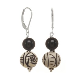 Sterling Silver Leverback Earrings with Black Onyx and Carved Bone Beaded Drops for Women, Teens, Everday Earrings