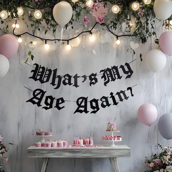 Pre-Strung Whats My Age Again Banner, Gothic birthday decorations,Black glitter-
