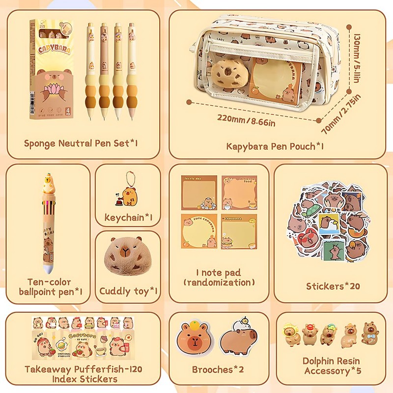 Capybara Pencil Case with 9 Compartments, 37 Pieces Capybara Stationery