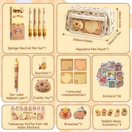Capybara Pencil Case with 9 Compartments, 37 Pieces Capybara Stationery Set, Kawaii Capybara Things, Capybara Pencil Case with Pen Stickers, Doll Brooches, Cute Stationery Gift Set for Children