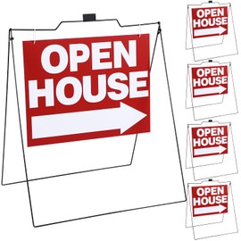 Gisafai 5 Pieces 32 x 28 Inch a Frame Metal Holder with 24 x 18 Inch Double Sided Open House Signs Folding Stand Directional Arrows for Real Estate Agent Supplies Sidewalk, Red