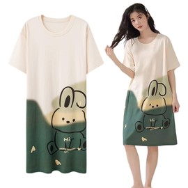 Formemory Women's Room Dress, Loungewear, Cute Bear, Loose, Stylish, Soft, Breathable, Quick Drying, Room Wear, Skin-friendly, Short Sleeve, Comfortable, Simple, Solid, Light and Thin, Green Rabbit