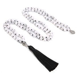 BALIBALI 108 Mala Beads Necklace Semi-Precious Gem Stones Meditation Necklace 108 Hand Knotted Japa Mala Beaded Tassel Necklace with Tree of Life Pendant (Natural White Howlite（Black Tassel）)