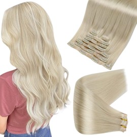 Full Shine Seamless Clip in Hair Extensions Human Hair Color 60 Platinum Blonde Seamless PU Weft Clip in Extensions for Women Adding Hair 22 Inch 105 Grams