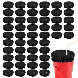 Tinoaly 50pcs Drink Covers, Polyester Elastic Stretchable Washable Drink Protector with Straw Hole Bottle Protection Accessories Fits Most Cups for Bar Club Party (Black)