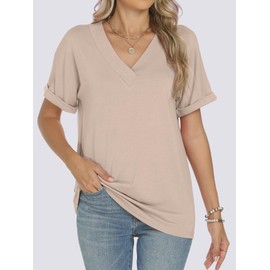 ANRABESS Womens Tops Short Sleeve V Neck T-Shirts Summer Loose Fit Dressy Business Casual Blouse Shirts 2025 Trendy Clothes Almond X-Large