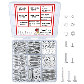 wugongshan 380 Pcs Screws Bolts and Nuts Assortment Kit, Metric Machine Screws and Nuts and Flat Washers, M3/M4/M5 Slotted Pan Head Hex Bolts Sets (E)