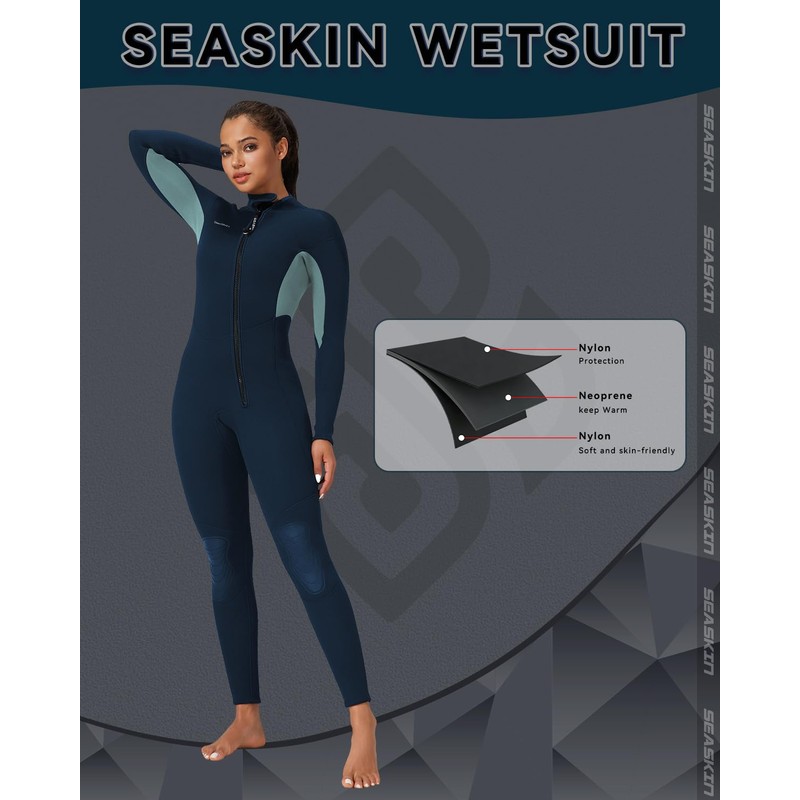 Seaskin Womens Wetsuit 3mm Neoprene Full Body Front Zip Diving