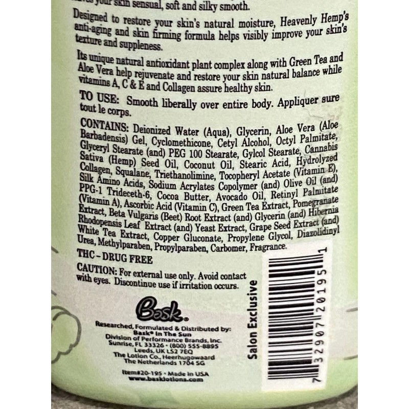 Bask (2) BASK HEAVENLY HEMP HERBAL BODY MOISTURIZER LOTION -