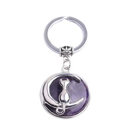 Gem-Inside 2 inches Cat Animal Theme Natural Amethyst Quartz Chakra Stone Keychains Key Chains Rings for Girls Crafts Jewelry