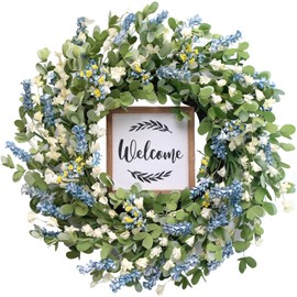 CIR OASES - Corona artificial azul para puerta delantera, hojas artificiales de 20 pulgadas y corona de flores blancas con letrero de bienvenida, corona verde de primavera/verano para puerta