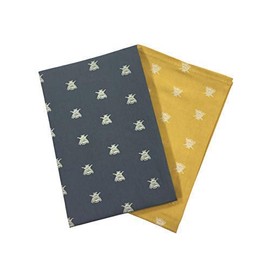 Pack of 2 BEE Silhouettes Grey Yellow White 100% Cotton Kitchen TEA TOWELS
