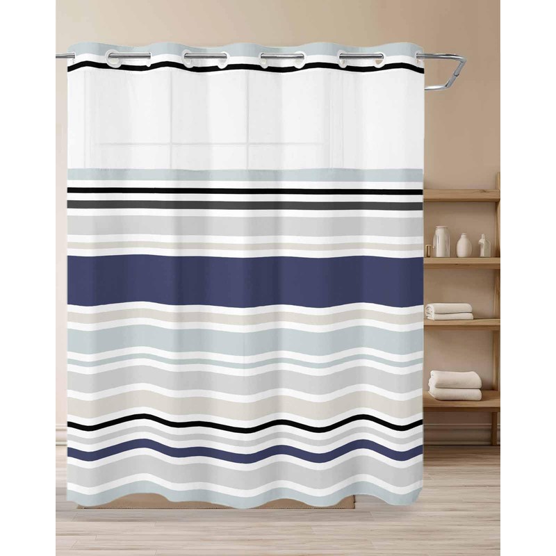 EwdeWwo No Hook Striped Shower Curtain with Snap in Liner,
