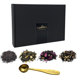 Tea Sampler Gift Set with Measuring Spoon – 4 Premium Loose Leaf Blends (4 × 25g, 40+ Cups) in Luxury Gift Box – English Breakfast, Earl Grey, Spiced Apple Chai & Jasmine Mint Green Tea
