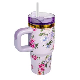 14 oz Tumbler with Handle and Straw, Kid Tumbler with Lid and Straw, 304 Stainless Steel Child Tumbler, School Sports Outdoor (Purple Flowers)