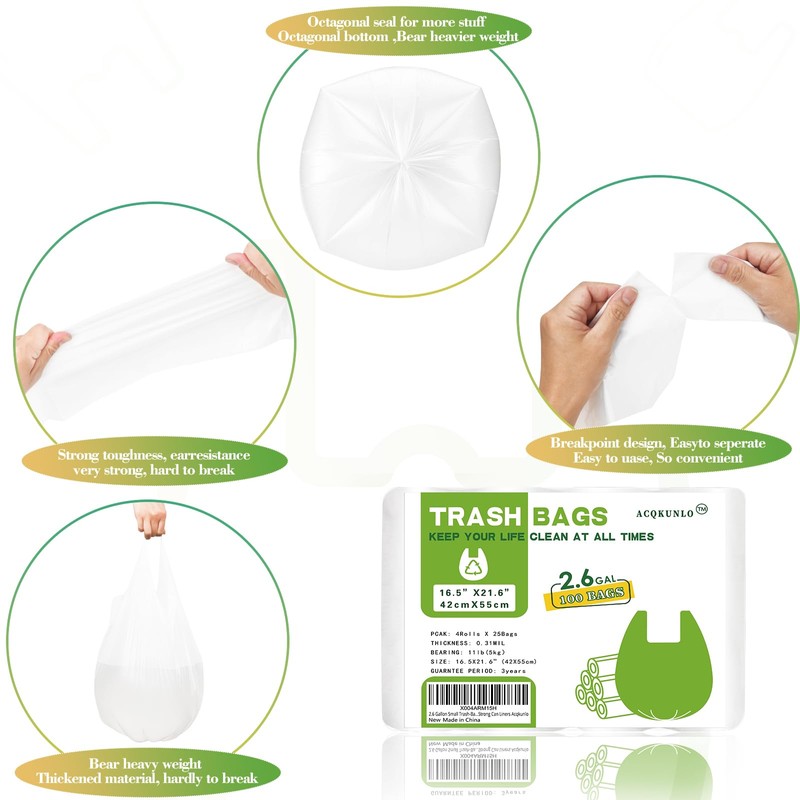 2.6 Gallon Small Trash-Bags Bathroom With-Handles - Kitchen White Garbage