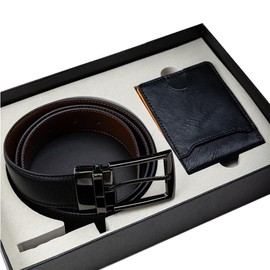 ECROSKO Men's Belt and Wallet Combo Gift Set | 1.35" Wide Reversible Belt with Swivel Buckle One Size 44" for Dress Casual Jeans | Slim Black Leather Bi-Fold Wallet
