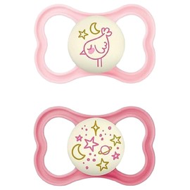 MAM Supreme Night Soothers Set of 2, Luminous Baby Dummy for Healthy Teeth and Jaw Development, Prevents Skin Irritation, with Dummy Box, 6-16 Months, Bird/Universe