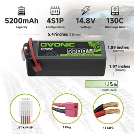 OVONIC 4S LiPo Battery 5200mAh 14.8V 130C RC Battery Hard Case with Dean-Style T Connector