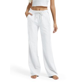 SEVEGO Women's Casual Linen Pants Extra Tall 36" Inseam Flared Leg Smocked Waist Beach Summer Slacks, White, Large
