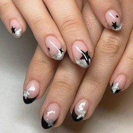 French tip Press on Nails Short Oval Glossy Glitter Black Five-Pointed Star with Design Almond Fake Nails Press on Stiletto Nails Sparkly French Nail Tips Glue on Nails Gel False Nails for Girls 24Pcs