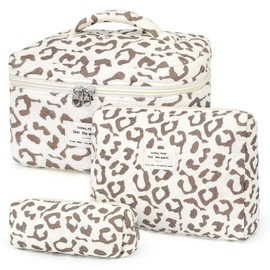 YMIFEEY Pack of 3 Cosmetic Bag Toiletry Bag Women's Toiletry Bag Make Up Bag Large Small Set Makeup Bag Wash Bag Travel Cosmetic Bag Beauty Case Organiser for Women, leopard, floral pattern