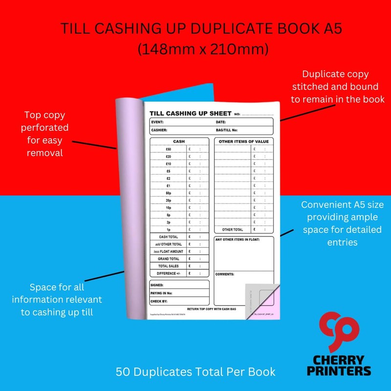 Cherry | Carbonless NCR Till Cashing Up Duplicate Book |