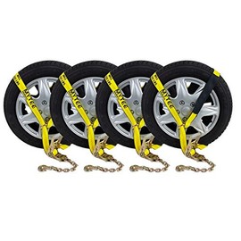 (4 Pack) Auto Hauler Car Flatbed Tie Down Kit Lasso Wheel Ratchet Straps w/Chain