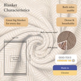 LYHome Merino Wool Blanket - Large Throw Bedspread for Sofa Bed, Single Double Size, Cosy Throws for Sofas & Beds, Soft and Warm Blankets Picnic Camping (55x79 in | 140x200 cm, Beige - White Chevron)