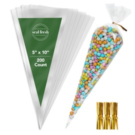 Seal Fresh Cone Cellophane Bags with Twist Ties - 5" x 10" (200 Count) - Clear Cone Shaped Treat Bags Cellophane Triangle Candy Bags - Cone Shaped Cellophane Treat Bags, Cone Cello Bags, Cone Treat Bags with Ties, Cone Shaped Favor Bags