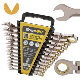 GRENPRO Wrench Set Ratchet Wrench, Ratchet Wrenches Set, 13-Piece Metric Flex-Head Ratcheting Wrench Set Metric and Standard 8-19 mm with Gauge Organizer, 72 Tooth Open End Combination Wrench Sets
