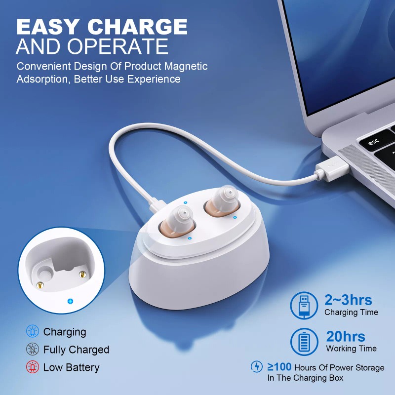K&FCOPTEE Pair Of ITE Rechargeable Digital Hearing Aids Volume Control