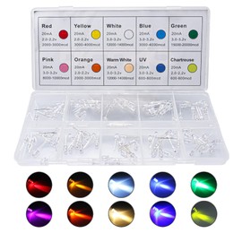DiCUNO 100pcs 5mm Light Emitting Diode, Round Clear LED Assorted Kit 10 Colors, White/Red/Yellow/Green/Blue/Pink/Orange/Warm White/UV/Chartreuse, 10 Colors x 10pcs Diodes