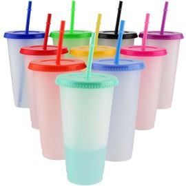 DAKFOOK 10 PCS 710ml Colour Changing Cups with Lids and Straws, 24oz Multicoloured Plastic Tumblers Set, Cold Drinking Cups for Party and Travel