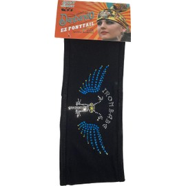 Iron Babe Motorcyle Chopper with Wings in Blue Yellow Silver Rhinestones Danbando EZ Ponytail Headwrap Headband Biker Bandanna Head Band Wrap 4 Way Stretch