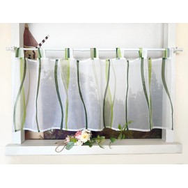 Devola Net Curtain with Wave Pattern Short Curtain Print Short Curtain with Loops Kitchen Curtain Short Modern Voile Bistro Curtain Transparent H x W 45 x 90 cm Green Pack of 1