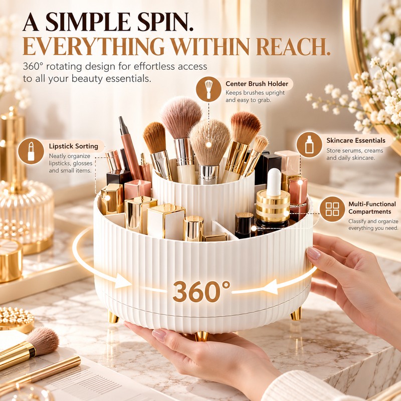 360° Rotating Makeup Organizer for Vanity, 5-Compartment Cosmetic Storage Holder