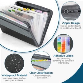 13 Pockets Extended Folder Organiser, Box Document Bags with Coloured Labels, Portable Document Organiser with Zip, Accordion Folder Boxes with Large Capacity