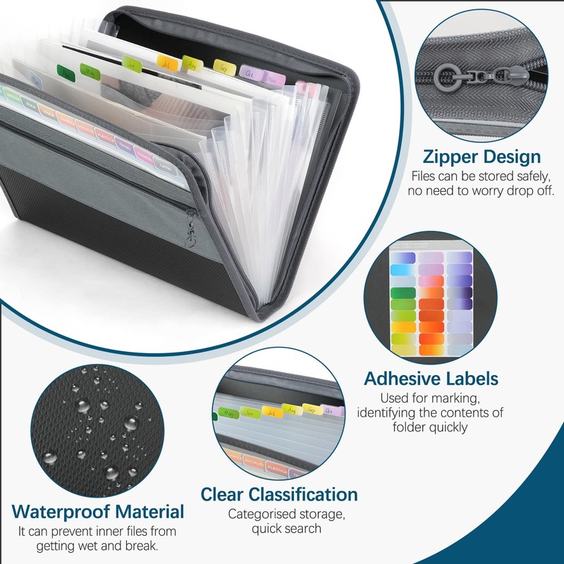 13 Pockets Extended Folder Organiser, Box Document Bags with Coloured