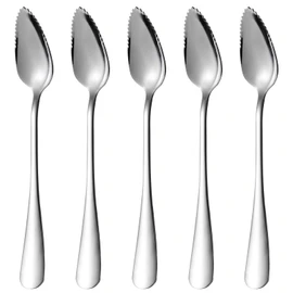 Grapefruit Spoons 5 Pieces Set, Stainless Steel Grapefruit Utensils Tools with Titanium Platin, Serrated Edges Spoon for Fruit Apple Kiwi Citrus, Silver