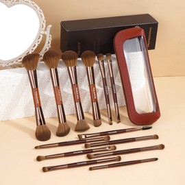 MAANGE Set Profesional de 13 Brochas para Maquillaje Doble Punta(26 Usos),Kit Brochas de Maquillaje Completo para Base Líquida/Polvo,Contorno,Corrector y Sombras de Ojos(Marrón)