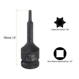 HARFINGTON T20 Torx Bit Socket 1/2" Drive 6 Point Torx Star Screwdriver Socket Adapter CR-MO Steel Lengthen Impact Bit Sockets for Electric Ratchet Wrenches Fastening Screws