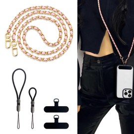 BFSDDM Crossbody Phone Strap, 2 Pads, Leather & Wrist Strap, Adjustable Finger Strap, Universal Crossbody Patch Phone Lanyard - Compatible with Most Smartphones (Pink, 48in)