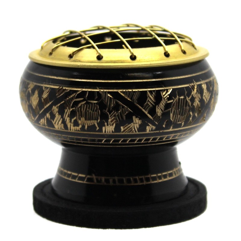 Govinda - Small Decorated Brass Charcoal Screen Incense Burner with