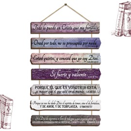 Yookeer Christian Wall Art Office Inspirational Wooden Bible Verses Bedroom Scripture Wall Art Meditation Inspirational Hanging Wood Sign for Kitchen Living Room(Purple,Spanish Style)