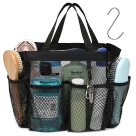 F-color Mesh Shower Caddy Portable, Upgrade Deeper 7 Pockets Basket Bag Tote for College Dorm Room Toiletry Bathroom Essentials Gym Camp Quick Dry 2 handles with S Hook, Black